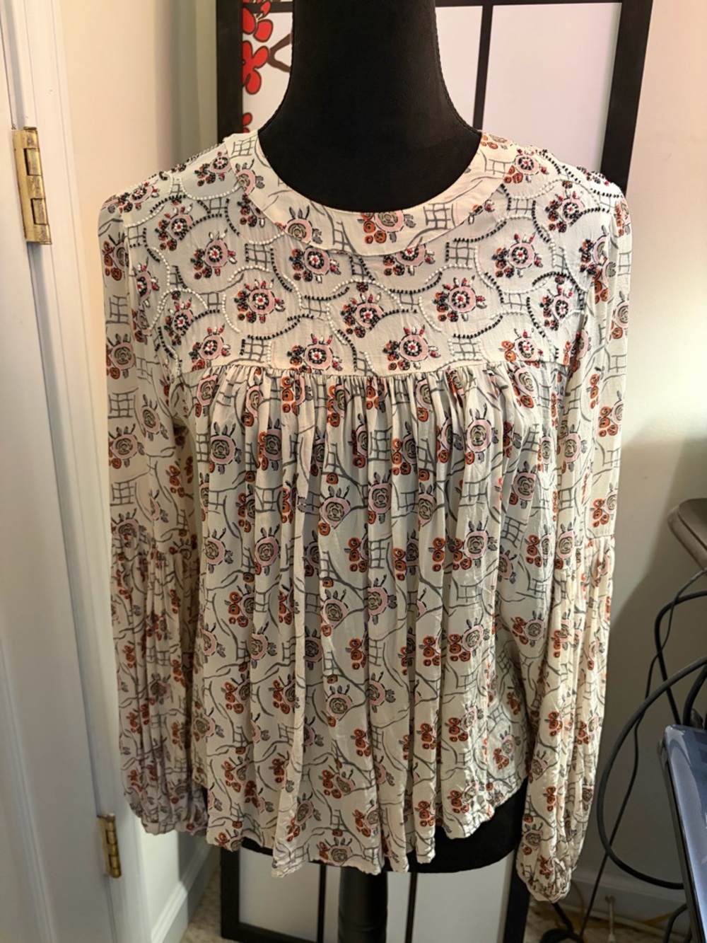 Anthropologie-Floreat beaded Cream Blouse with Rust and Burgundy Floral Print